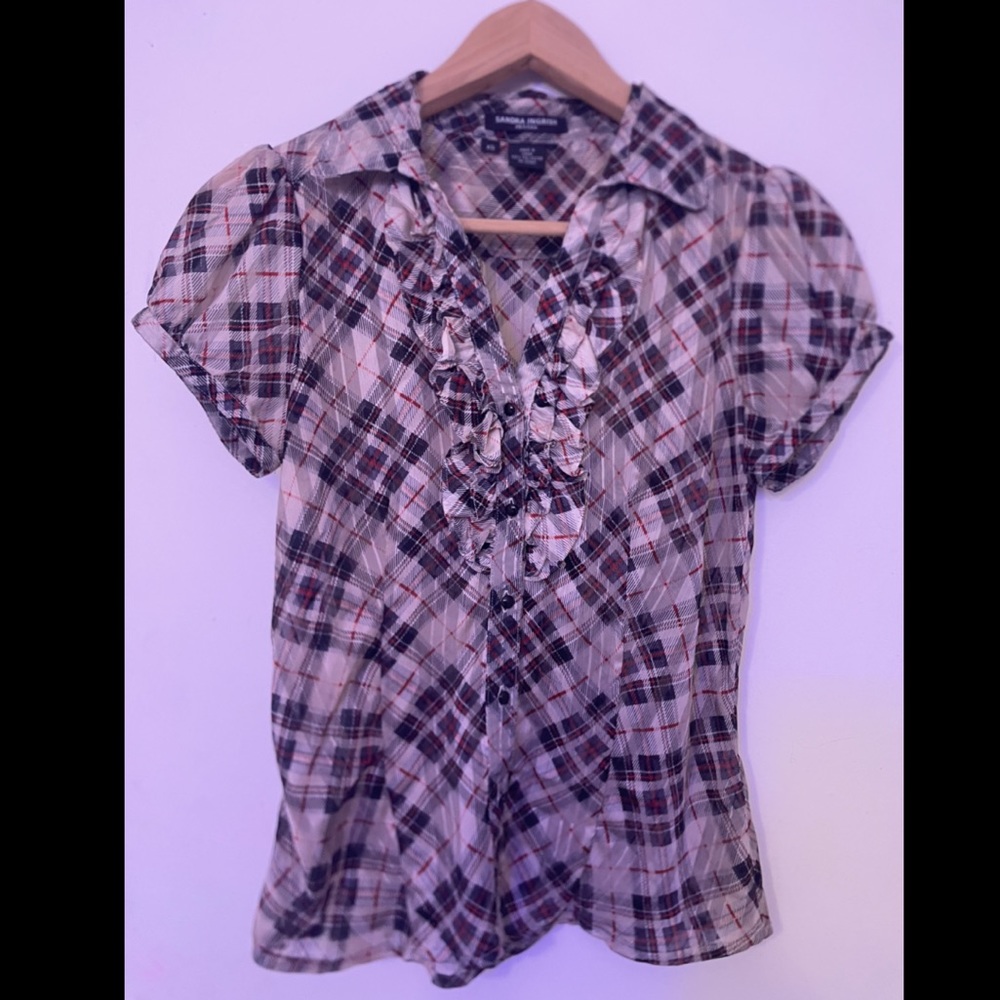 Sandra Ingrish Petites - tan/black/red plaid blouse